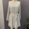 Casual Dresses Womens Puff Long Sleeve Glitter Sequin Dress With Belt Evening Wedding Bridesmaid Sparkly Loose Fit Mini Short