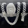 Relógios de pulso 3 pcs congelado relógios para homens relógio de ouro quartzo 15mm cubano link cadeias pulseira colares diamante jóias homem reloj275z
