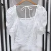 Women's Blouses Ladies Square Collar Short Puff Sleeve Lace Up Sweet Shirt 2023 Summer Women Geometric Pattern Hollow Out Blouse