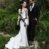 Gothic Schwarz-Weiß-Meerjungfrau-Hochzeitskleid, Spitzenapplikationen, Perlenkorsett, lange Vintage-Brautkleider, mittelalterliche Satin-Brautkleider 2024