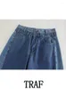 Calças femininas 2023 mulher reta contraste retalhos denim longo moda cintura alta vintage primavera verão casual calças de rua