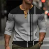Men's T Shirts Vintage 3D Patchwork Print Casual Long Sleeve Henley Shirt Oversized Tops Autumn Streetwear Male Tshirts Pullover