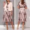 Vestidos informales Vestido de cuello redondo 3/4 Conjunto de abrigo Elegante Tallas grandes para mujer con estampado de cuello en O Traje de doble botonadura Otoño