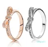 Mode 925 Sterling Silver Sparkling Bow Ring Set Boîte d'origine pour le grain Femmes Mariage Diamant Bowknot 18K Rose Gold Rings4372197