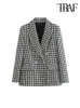 Women s Suits Blazers TRAF Women Fashion Double Breasted Houndstooth Blazer Coat Vintage Long Sleeve Flap Pockets Female Outerwear Chic Vestes 231211