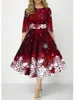 Casual Dresses Christmas Dress Women Autumn Winter Snowflake Print Slim midja Big Swing Midi Elegant Party Red Blue Oversize 5xl