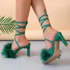 Sandales 2024 Mode d'été Plume Sexy À Lacets Femmes Bout Carré Croix Attachée Talons Hauts Pompes Stripper Chaussures