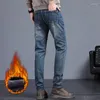 Men's Jeans Retre Blue Fleece Men 2023 Winter Stretch Slim Thick Warm Velvet Trousers Fashion Korean Male Plush Skinny Denim Pants