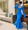 Elegant Long Sleeves Crepe Square Neck Blue Evening Dresses With Buttons Mermaid Middle East Sweep Train Prom Dress Party Dresses for Women