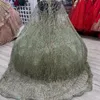 México verde fora do ombro vestido de baile quinceanera vestido para menina frisado cristal com cabo vestidos de festa de aniversário vestidos de baile doce 16