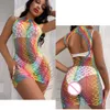 New Sexy Rainbow Fishnet Lingerie Costume Women Bodycon Beach Dress Erotic Mesh Hollow Out See Through Bodysuit Clothing sexy