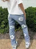 Kvinnors jeans simenual hipster blommor tryckt bomulls jeans kvinna middare knappar blixtlås långa byxor faller y2k streetwear som går ut byxor j231211