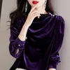 Women's Blouses French Style Vintage Half High Collar Blouse Clothing Basic Solid Color Autumn Winter Velvet Fashion Folds Button Shirt