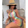 New Sexy Rainbow Fishnet Lingerie Costume Women Bodycon Beach Dress Erotic Mesh Hollow Out See Through Bodysuit Clothing sexy