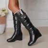 Botas 2023 Mujeres Invierno Cálido Rodilla Plataforma Alta Altura Aumento Damas Nieve PU Cuero Cremallera lateral Punta redonda