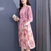 Sıradan Elbiseler Kadınlar İçin Yaz Zarif 2023 V Yağ Üç Çeyrek Kollu Gerçek İpek Kadın Giyim Çiçek Baskı Uzun Elbise A-Line