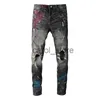 Herrenhosen EU Drip Denim Jeans Herren Hellgrau Distressed Mustache Slim Fit Graffiti Beschädigte Löcher Stretch Painted Ripped Jeans J231208