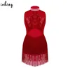 Stage Wear Latin Dance Dress For Girls Glitter Sequins Sheer Mesh Tassel Hem Modern Jazz Dancewear Ballet Leotard Skating Dancing Costume