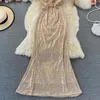 カジュアルドレスレディーエレガントな豪華な人魚のウエディングドレス女性キラキラしたゴールドVネックバックレススパンコンファッションパーティーマキシフィッシュテイルイブニング