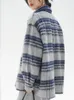Kvinnans jackor Kvinnor Gray Blue Plaid Lapel Woolen Bomullsjacka Spring och Autumn Chic Female Single Breasted Long Sleeved Loose Coat 231211