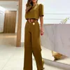 Women's Two Piece Pants 2 Pcs/Set Chic Lady Top Trousers Suit Wide Leg Women T-shirt Set Straight Short Dress-up