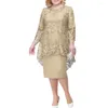 Casual Dresses Beautiful Midi Dress Crew Neck All-matched Pure Colors Embroidery Lace 3/4 Sleeve Lady Evening