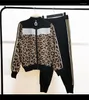 Women's Two Piece Pants Color Matching Zipper Cardigan Leopard Knitted Suit Fashion Women's Versatile Top 2-piece Ins