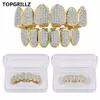 Hip Hop Iced Out CZ Gold Teeth Grillz Caps Top and Bottom Diamond Tooth Grillzs Set For Men Women Gift Grills268b