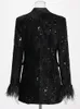 Women's Suits Blazers TWOTWINSTYLE Sequins Black Blazer For Women Notched Collar Long Sleeve Patchwork Feathers Cuff Solid Blazers Female Clothing 231211