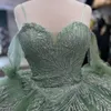 Luxe Sweetheart Groene Glanzende Quinceanera Jurk Lace-Up 2024 Feestjurk Prinses Kant Applicaties Uit De Schouder Voor 16 Jaar