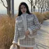 Two Piece Dress Elegant Small Fragrance Wind Tweed Plaid Mini Skirt Sets Women Autumn Winter Plush Splice Jackets Thicken Two Piece Suit Outfits 231211