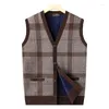 Men's Vests 2024 Men Autumn Winter Fashion Sweater Cardigan Vest Male Warm V-neck Knitted Waistcoat Plaid Sleeveless Jackets D665