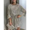 Casual Dresses Cutubly Women Gold Shiny Party Mini Long Sleeve Lace Up Loose Sequin Dress 2023 Fashion Club Lady Vestidos