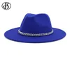 FS Women Fedora Wool Hat Autumn Winter Gentleman Triby Felt Hats for Men Fashion Ray Blue Yellow Jazz Hats z łańcuchem 52726856988131