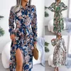 Casual Dresses Spring and Autumn Women's Vintage Flower Lapel Lace Up Shirt Long Dress Elegant Women Fashion Sleeve Vestidos