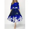 Casual Dresses Christmas Dress Women Autumn Winter Snowflake Print Slim midja Big Swing Midi Elegant Party Red Blue Oversize 5xl