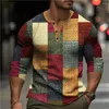 Männer T Shirts Vintage 3D Patchwork Druck Casual Langarm Henley Hemd Übergroßen Tops Herbst Streetwear Männliche T-shirts Pullover