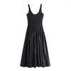 Casual Dresses Women Black Splice Mixed Midi Dress Night Club Party Round Neck Solid Long Tank Fashion Loose Ruched Maxi Vestidos