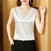 Women's Tanks M-5XL 2023 Spring Summer Fashion V-Neck Women Sleeveless Embroidery Tank Tops Patchwork Silk Satin Lace Camisole Shirt