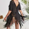 Women's Swimwear Bathing Suit Women Crochet Irregular Fringed V-neck Pullover Top Beach Dress Bikini Cover Up Blouse Short Sleeves Outfits