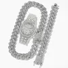 Correntes Cuban Link Chain Iced Out Watch Mens Conjunto de Jóias Colar Relógio Pulseira Hip Hop MiamiRhinestone Africano Choker256M