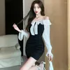 Casual Dresses 2023 Spring Women's Dress French Off Shoulder Ruffle Temperament Pearl Irregular Strap