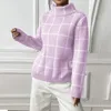 Women's Sweaters Women Pullover Sweater Turtleneck Plaid Long Sleeve Loose Casual Chunky Checked Knitted Winter Jumper Top