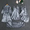 Sexy Pyjamas Sleepwear Female 5PCS Pajamas Set Satin Pyjamamas Lace Patchwork Bridal Wedding Nightwear Rayon Home Wear Nighty Robe Suit 231211