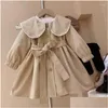 Coat Girls Moda Bebek Yakası Windbreaker 2023 İlkbahar ve Sonbahar Kore versiyonu bebek tunik ceket kız kıyafetleri bırakma Teslimat Çocuk Mat Dhaks