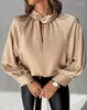 Vrouwen Blouses Shirts 2023 Herfst Satijn Lange Mouw Hollow Out Keyhole Hals Twisted Ruches Top Kantoor Dame Blouse Vrouwelijke Kleding