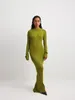 Casual Dresses Green Ribbed Women Knitting Maxi Dress Female Elegant O-neck Long Sleeve Bodycon Autumn Office Lady Commuting Robe