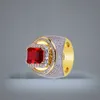 Männer Luxus Hip Hop Red Ruby Rings Mikro -Pave Kubikzirkonia Bling Bling Simulierte Diamanten 18K Gold plattiert Ring61191987174477