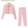 Damesbroek Mode Roze Zak Bijgesneden Jas Lange Broek Sets Zomer Effen Blazer Tops Casual Tweedelige Vrouwelijke Chique Outfits