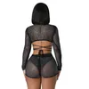 Kvinnors spårningsdräkter 2023 High-End Flaring Black Sexy Club Diamonds Shirtshort Full Sleeve Bandage Cross Short Pants Women 2-Piece Set